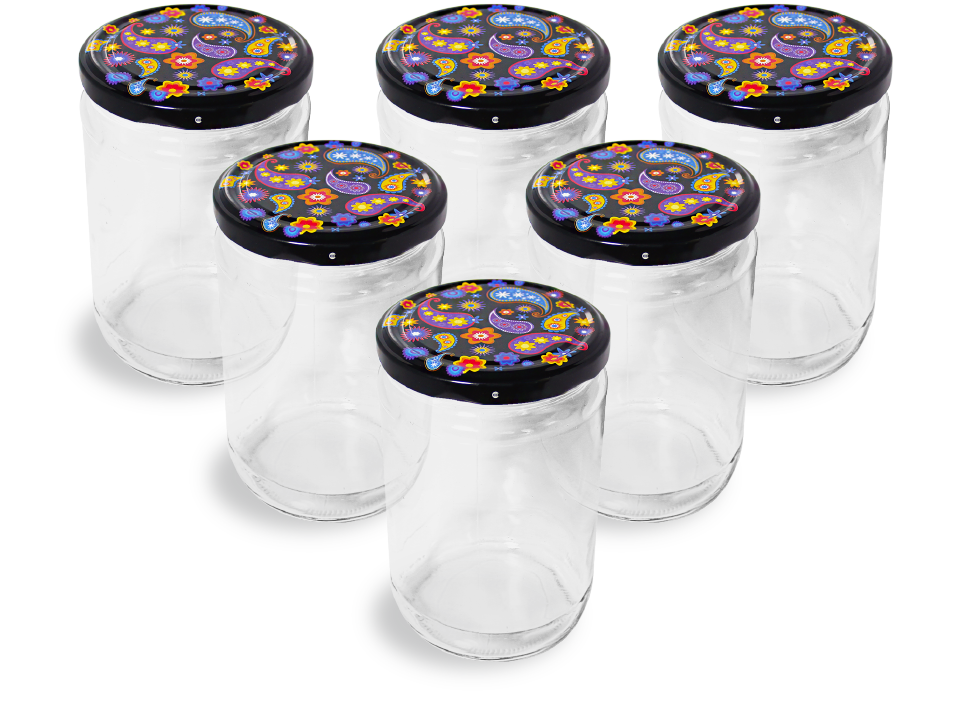 Cam Kavanoz ve Şal Desenli Kavanoz Kapak Çeşitleri - 6 Adet (660 ml - 82mm)