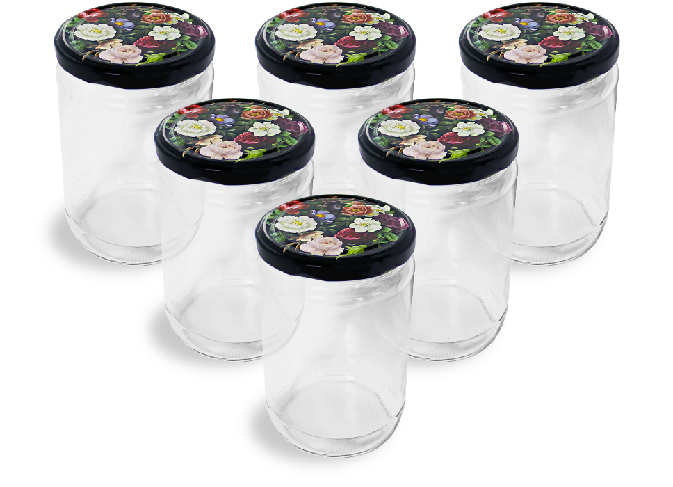 Cam Kavanoz ve Gül Desenli Kavanoz Kapak Çeşitleri - 6 Adet (660 ml - 82mm)