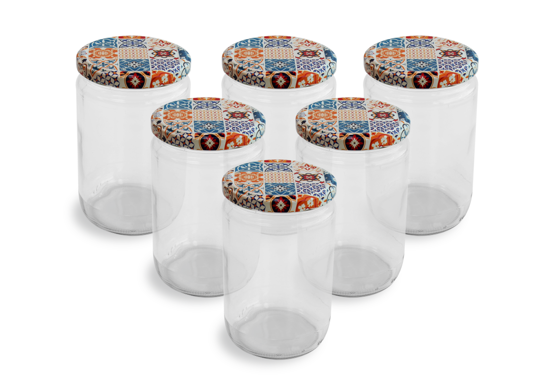 Cam Kavanoz ve Çini 1 Desenli Kavanoz Kapak Çeşitleri - 6 Adet (660 ml - 82mm)