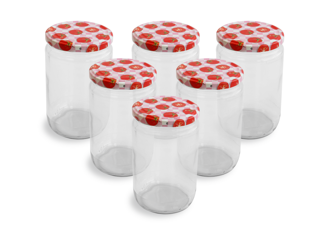 Cam Kavanoz ve Domates Desenli Kavanoz Kapak Çeşitleri - 6 Adet (660 ml - 82mm)