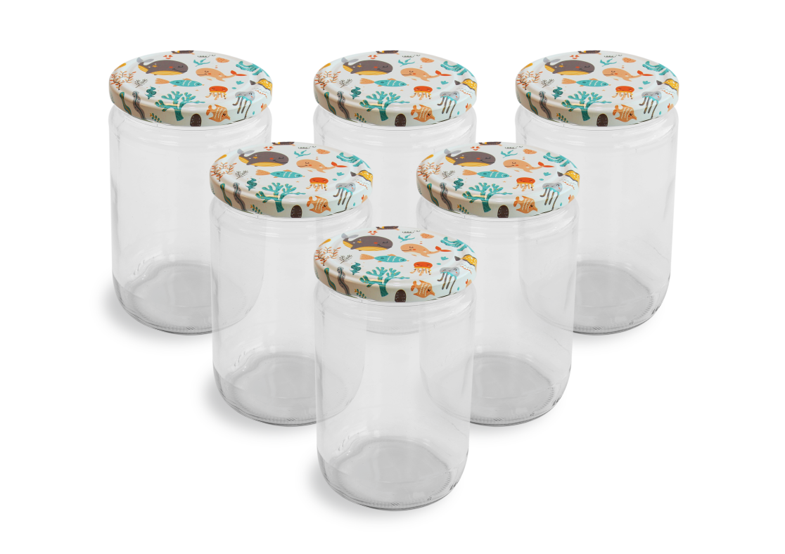 Cam Kavanoz ve Su Altı Desenli Kavanoz Kapak Çeşitleri - 6 Adet (660 ml - 82mm)