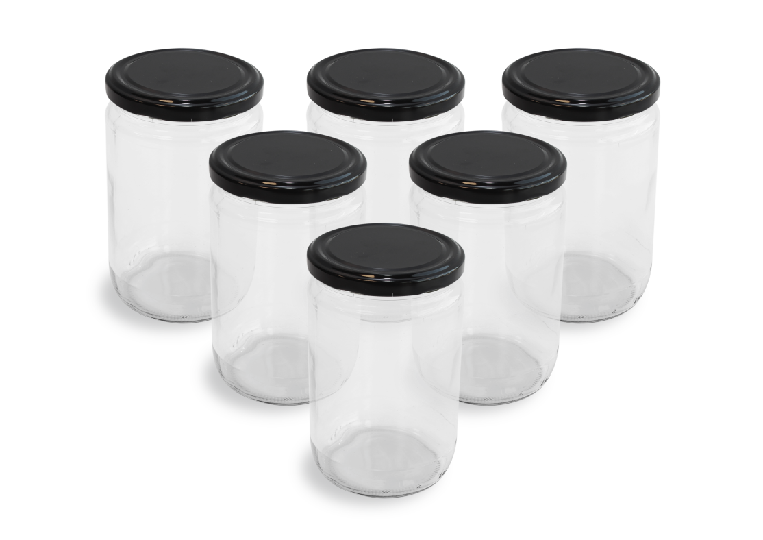 Cam Kavanoz ve Siyah Renk Kavanoz Kapak Çeşitleri - 6 Adet (660 ml - 82mm)
