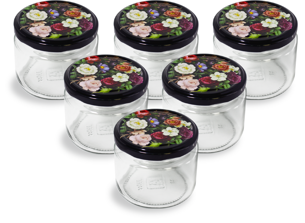 Cam Kavanoz ve Gül Desenli Kavanoz Kapak Çeşitleri - 6 Adet (330 ml - 82mm)