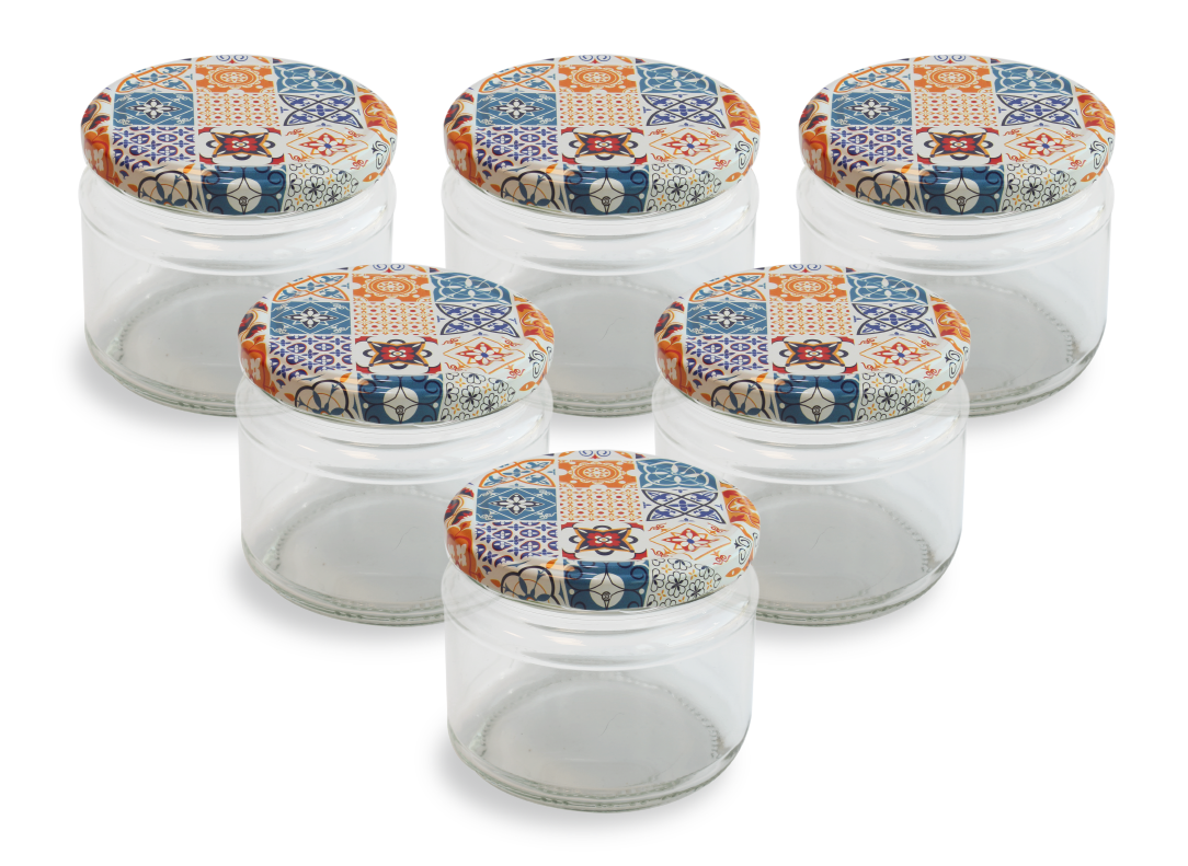 Glass Jar and Patterned Jar Lid - 6 Pieces (330 ml - 82 mm) - Pattern 1