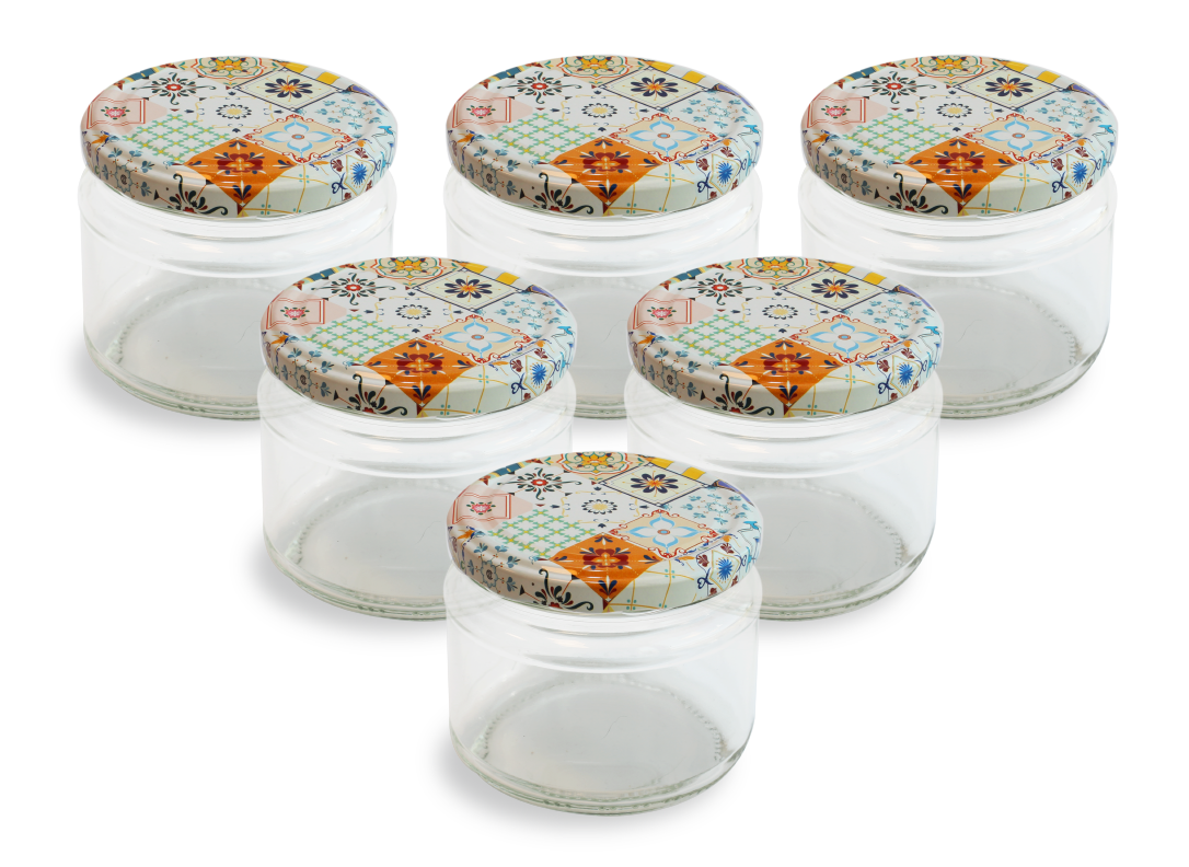 Cam Kavanoz ve Çini 2 Desenli Kavanoz Kapak Çeşitleri - 6 Adet (330 ml - 82mm)