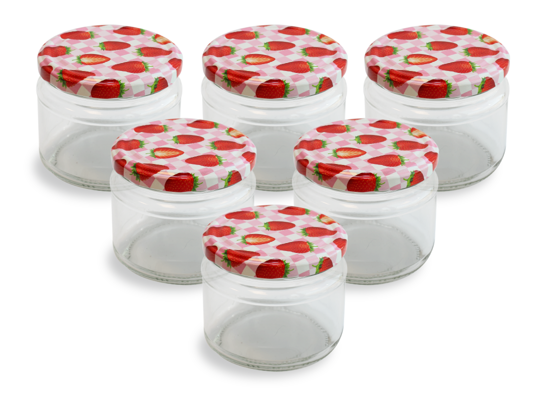 Cam Kavanoz ve Çilek Desenli Kavanoz Kapak Çeşitleri - 6 Adet (330 ml - 82mm)