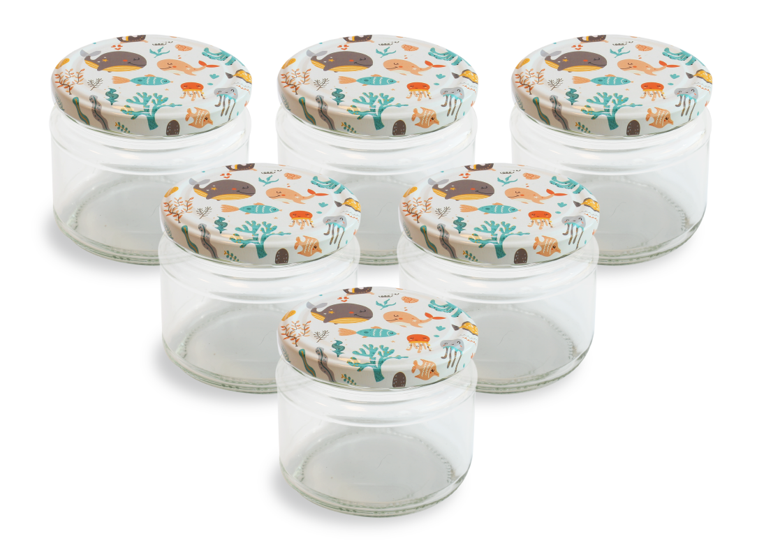 Cam Kavanoz ve Su Altı Desenli Kavanoz Kapak Çeşitleri - 6 Adet (330 ml - 82mm)