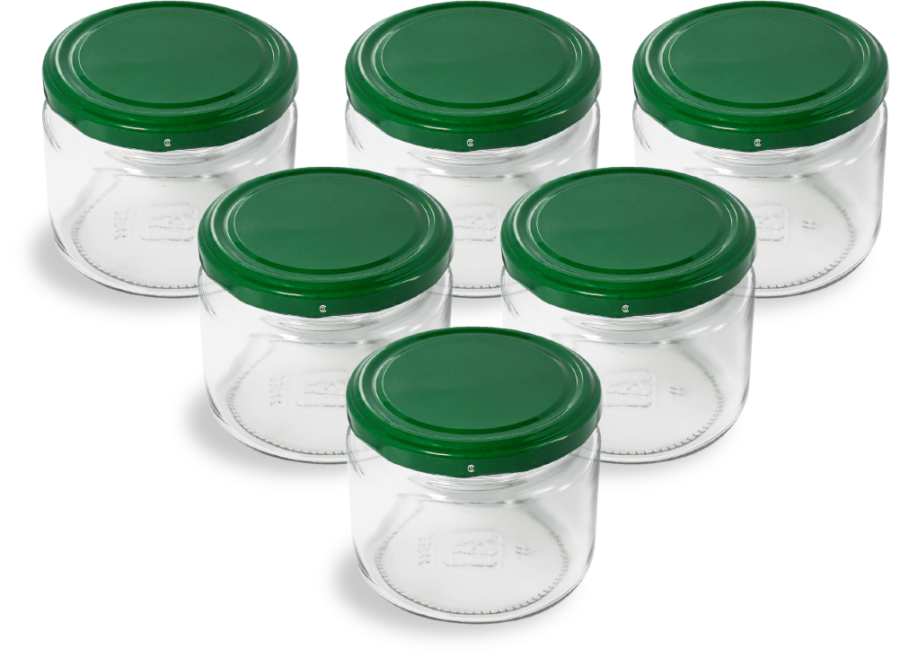 Cam Kavanoz ve Yeşil Renk Kavanoz Kapak Çeşitleri - 6 Adet (330 ml - 82mm)