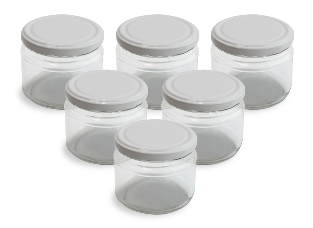 Cam Kavanoz ve Beyaz Renk Kavanoz Kapak Çeşitleri - 6 Adet (330 ml - 82mm)
