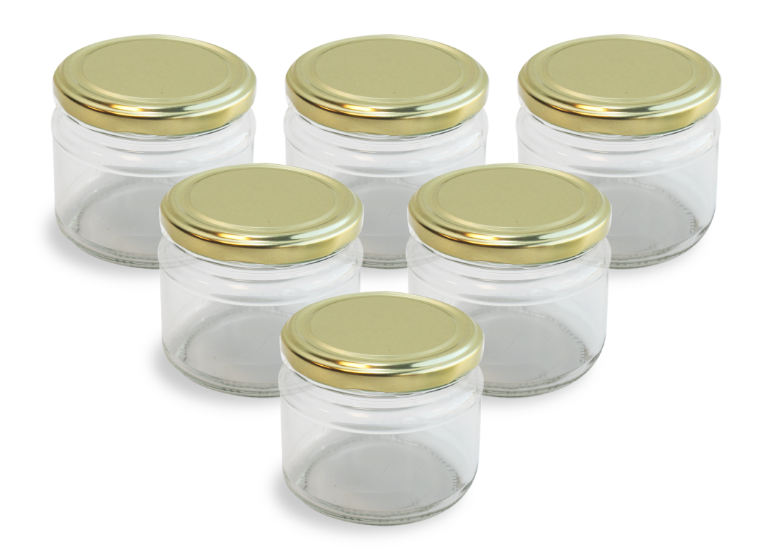 Cam Kavanoz ve Gold Renk Kavanoz Kapak Çeşitleri - 6 Adet (330 ml - 82mm)