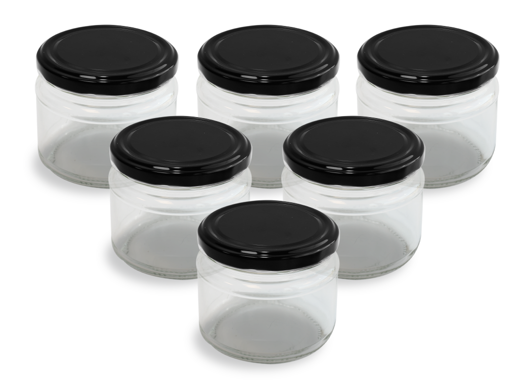 Cam Kavanoz ve Siyah Renk Kavanoz Kapak Çeşitleri - 6 Adet (330 ml - 82mm)