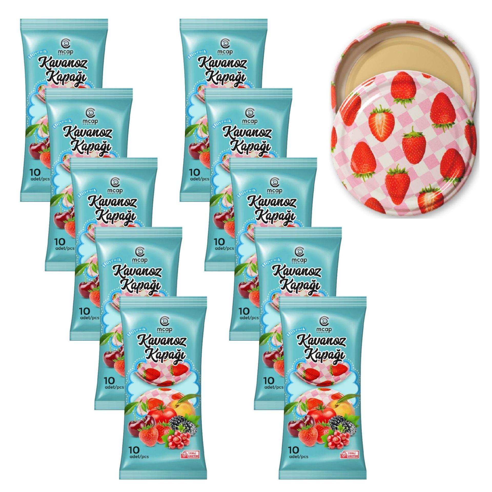 Konserve Kavanoz Kapağı - 10 Paket - 100 Adet (Standart Boy - 82 mm) Çilek Desenli