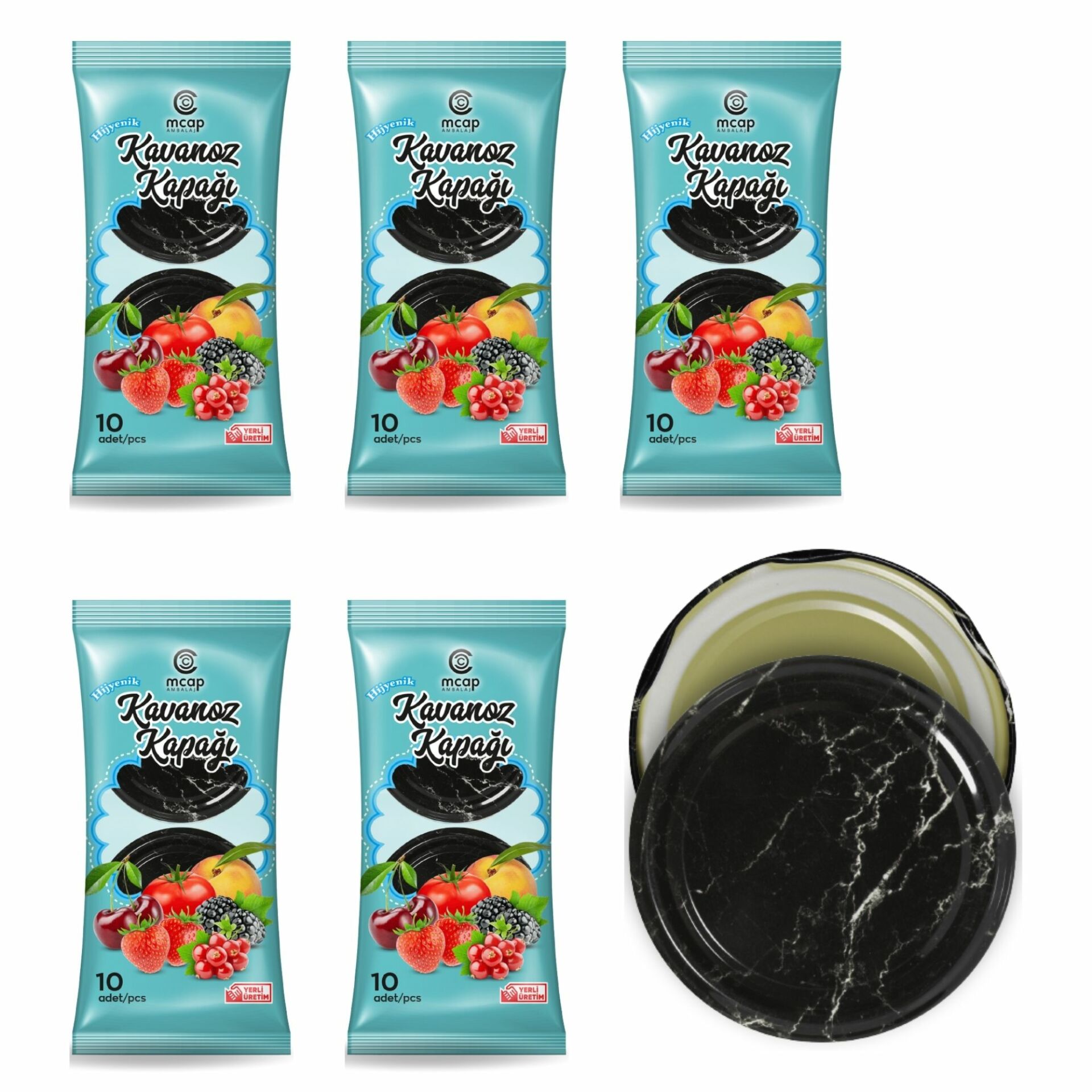 Desenli Konserve Kavanoz Kapağı - 5 Paket - 50 Adet (Standart Boy - 82 mm) - Mermer Desenli