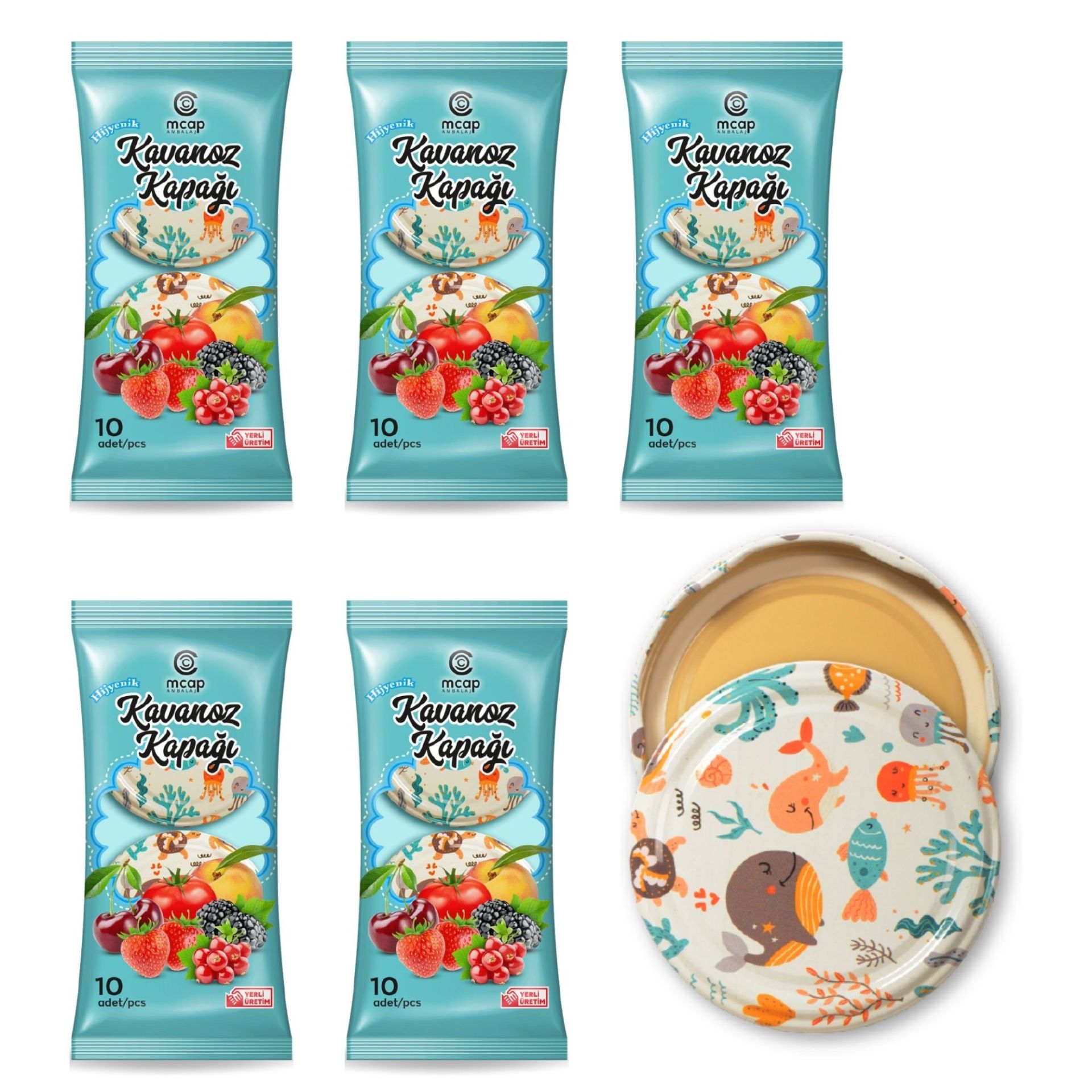 Desenli Konserve Kavanoz Kapağı - 5 Paket - 50 Adet (Standart Boy - 82 mm) - Su Altı Desenli