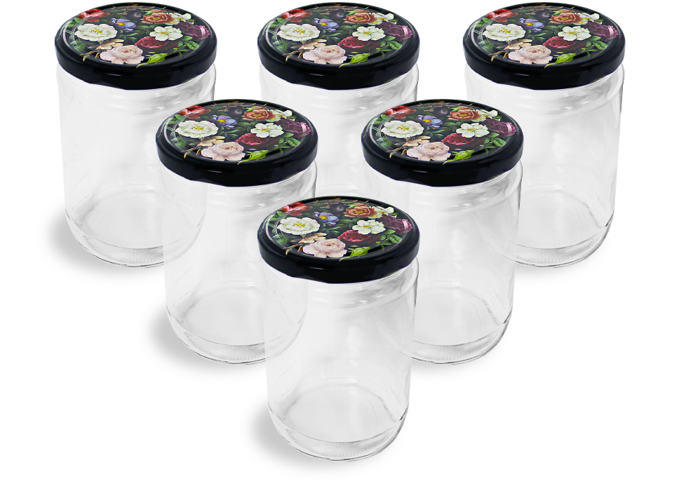 Cam Kavanoz ve Gül Desenli Kavanoz Kapak Çeşitleri  - 6 Adet (660 ml - 82mm)