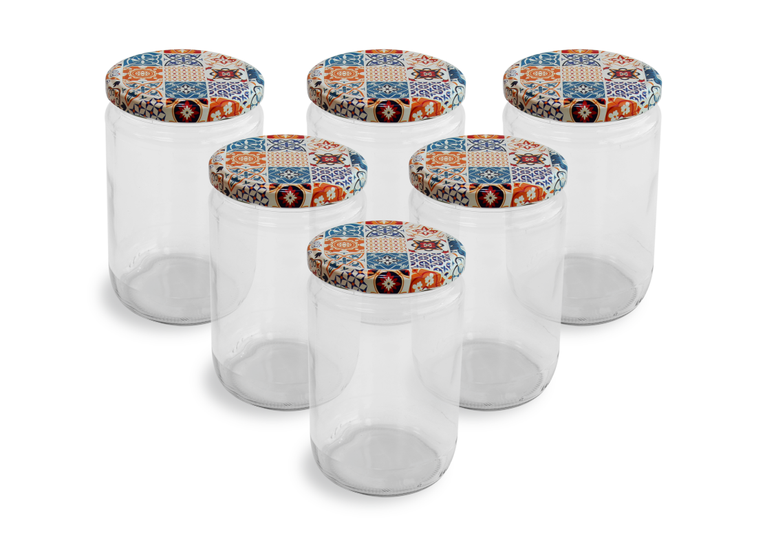 Cam Kavanoz ve Çini 1 Desenli Kavanoz Kapak Çeşitleri  - 6 Adet (660 ml - 82mm)