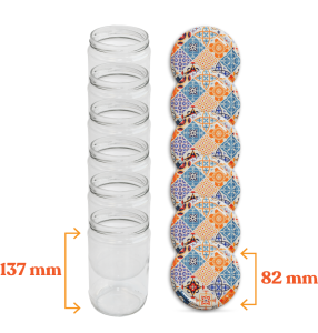 Cam Kavanoz ve Çini 1 Desenli Kavanoz Kapak Çeşitleri  - 6 Adet (660 ml - 82mm)
