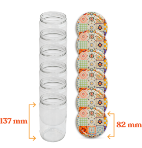 Cam Kavanoz ve Çini 2 Desenli Kavanoz Kapak Çeşitleri  - 6 Adet (660 ml - 82mm)