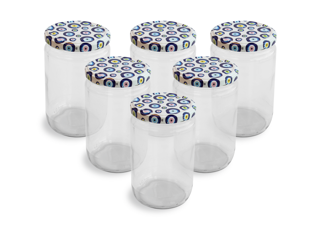 Cam Kavanoz ve Nazar Boncuğu Desenli Kavanoz Kapak Çeşitleri  - 6 Adet (660 ml - 82mm)
