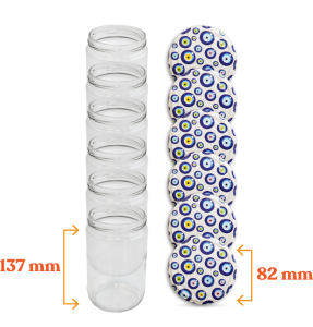 Cam Kavanoz ve Nazar Boncuğu Desenli Kavanoz Kapak Çeşitleri  - 6 Adet (660 ml - 82mm)