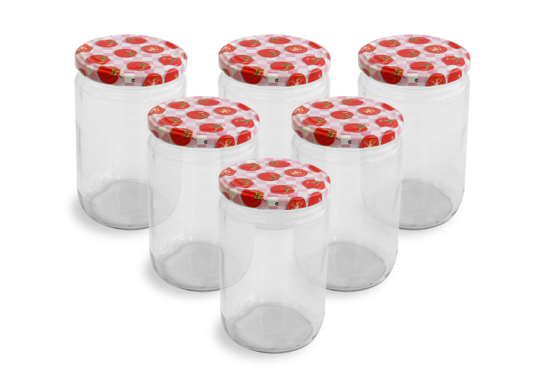 Cam Kavanoz ve Domates Desenli Kavanoz Kapak Çeşitleri  - 6 Adet (660 ml - 82mm)