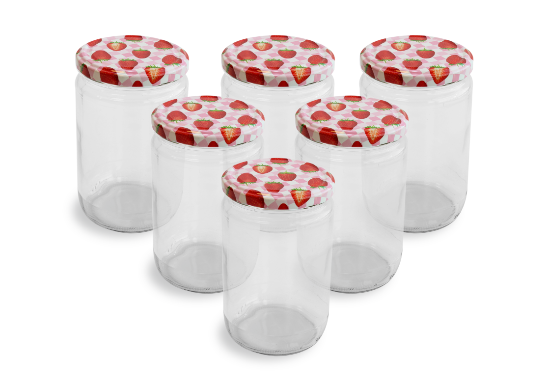 Cam Kavanoz ve Çilek Desenli Kavanoz Kapak Çeşitleri  - 6 Adet (660 ml - 82mm)