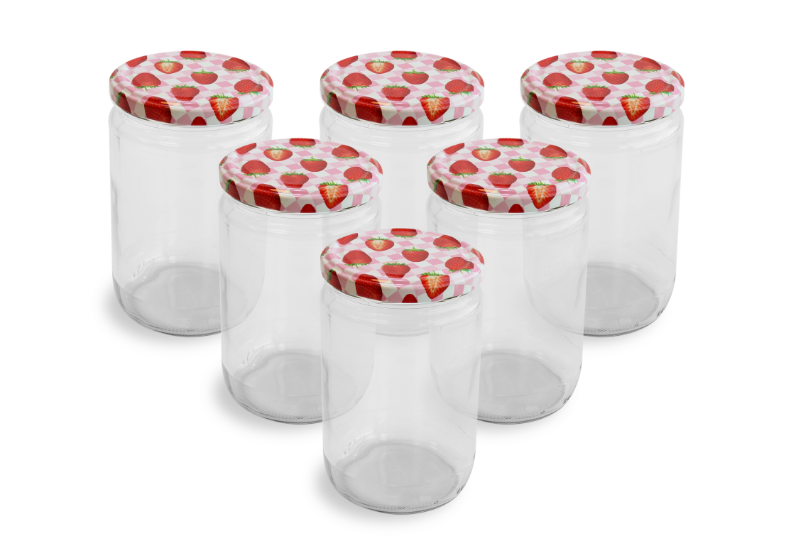 Cam Kavanoz ve Çilek Desenli Kavanoz Kapak Çeşitleri  - 6 Adet (660 ml - 82mm)