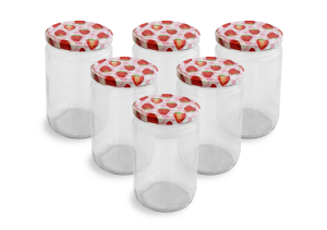Cam Kavanoz ve Çilek Desenli Kavanoz Kapak Çeşitleri  - 6 Adet (660 ml - 82mm)