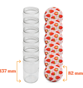Cam Kavanoz ve Çilek Desenli Kavanoz Kapak Çeşitleri  - 6 Adet (660 ml - 82mm)
