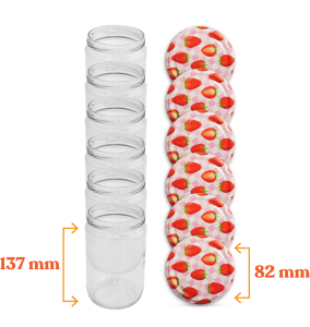 Cam Kavanoz ve Çilek Desenli Kavanoz Kapak Çeşitleri  - 6 Adet (660 ml - 82mm)