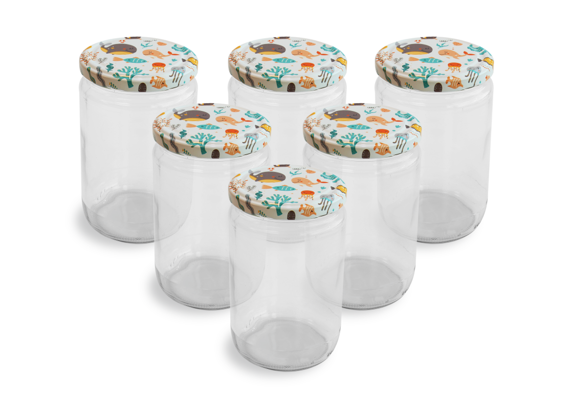 Cam Kavanoz ve Su Altı Desenli Kavanoz Kapak Çeşitleri  - 6 Adet (660 ml - 82mm)