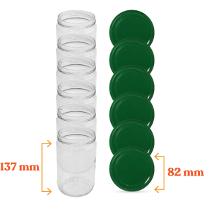 Cam Kavanoz ve yeşil Renk Kavanoz Kapak Çeşitleri  - 6 Adet (660 ml - 82mm)
