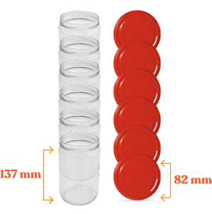 Cam Kavanoz ve Kırmızı Renk Kavanoz Kapak Çeşitleri  - 6 Adet (660 ml - 82mm)