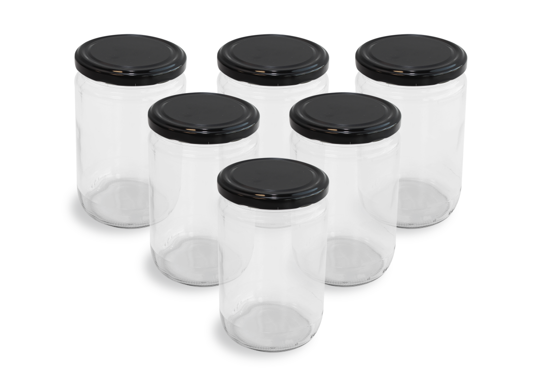 Cam Kavanoz ve Siyah Renk Kavanoz Kapak Çeşitleri  - 6 Adet (660 ml - 82mm)