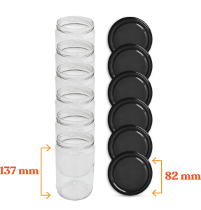 Cam Kavanoz ve Siyah Renk Kavanoz Kapak Çeşitleri  - 6 Adet (660 ml - 82mm)