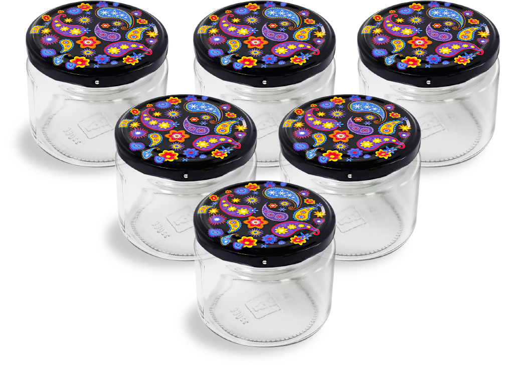 Cam Kavanoz ve Şal Desenli Kavanoz Kapak Çeşitleri  - 6 Adet (330 ml - 82mm)