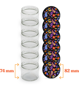 Cam Kavanoz ve Şal Desenli Kavanoz Kapak Çeşitleri  - 6 Adet (330 ml - 82mm)