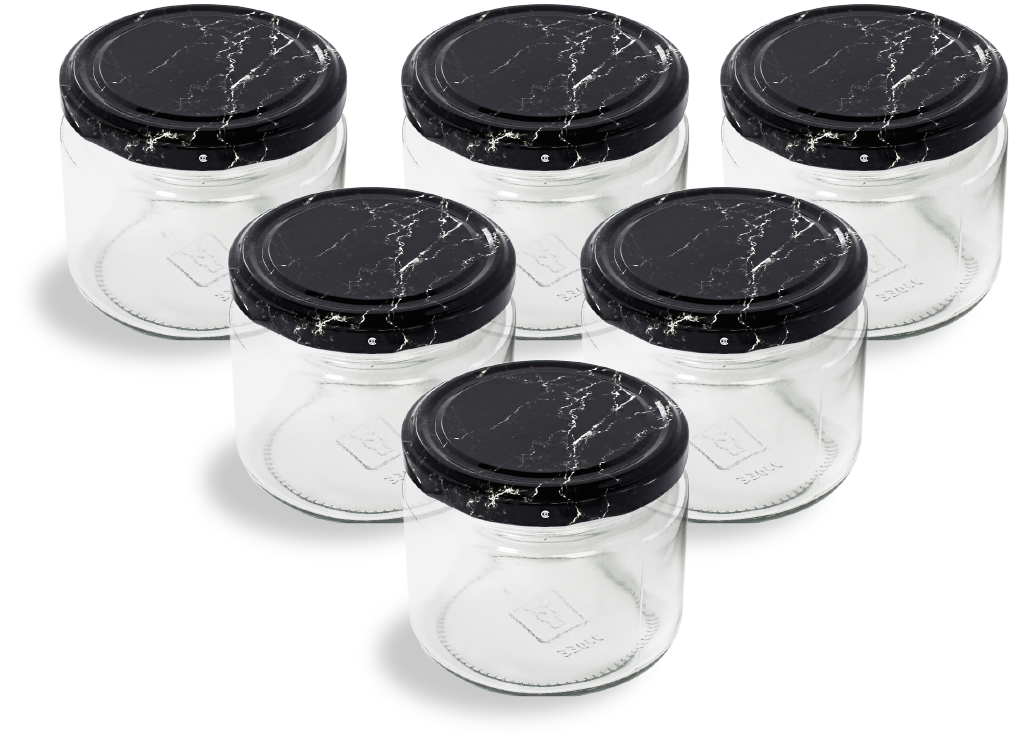 Cam Kavanoz ve Mermer Desenli Kavanoz Kapak Çeşitleri  - 6 Adet (330 ml - 82mm)