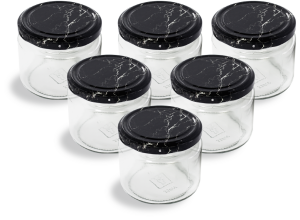 Cam Kavanoz ve Mermer Desenli Kavanoz Kapak Çeşitleri  - 6 Adet (330 ml - 82mm)