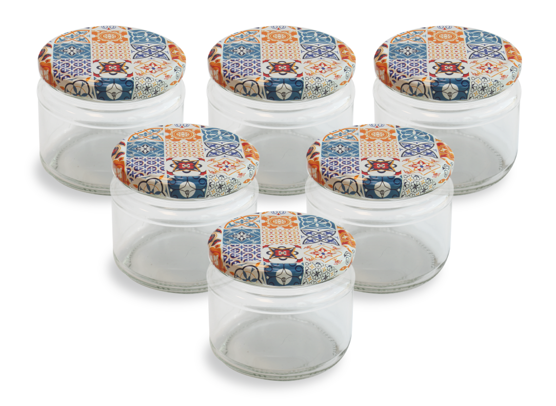Cam Kavanoz ve  Çini 1 Desenli Kavanoz Kapak Çeşitleri  - 6 Adet (330 ml - 82mm)
