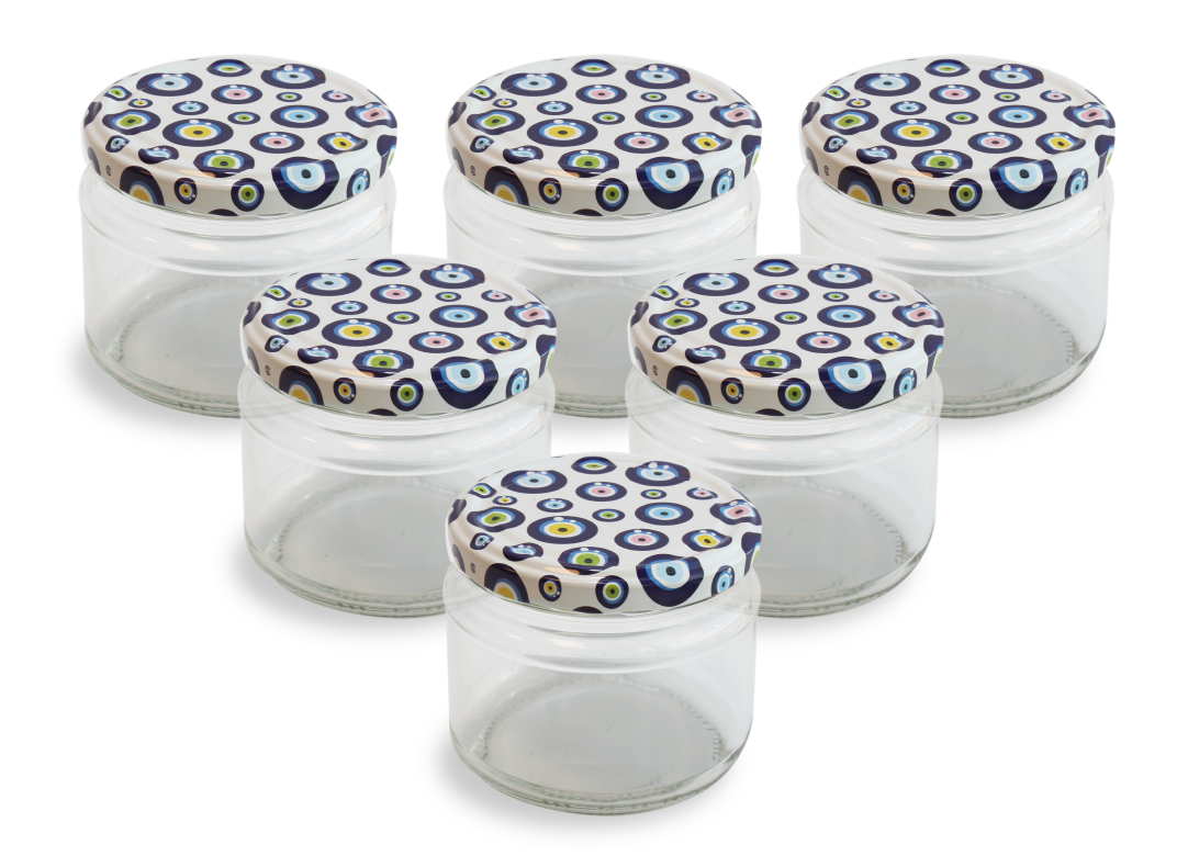 Cam Kavanoz ve Nazar Boncuğu Desenli Kavanoz Kapak Çeşitleri  - 6 Adet (330 ml - 82mm)