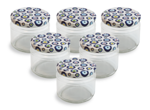 Cam Kavanoz ve Nazar Boncuğu Desenli Kavanoz Kapak Çeşitleri  - 6 Adet (330 ml - 82mm)