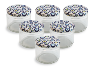 Cam Kavanoz ve Nazar Boncuğu Desenli Kavanoz Kapak Çeşitleri  - 6 Adet (330 ml - 82mm)