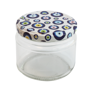Cam Kavanoz ve Nazar Boncuğu Desenli Kavanoz Kapak Çeşitleri  - 6 Adet (330 ml - 82mm)