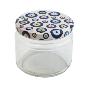 Cam Kavanoz ve Nazar Boncuğu Desenli Kavanoz Kapak Çeşitleri  - 6 Adet (330 ml - 82mm)