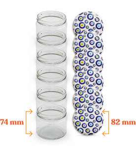 Cam Kavanoz ve Nazar Boncuğu Desenli Kavanoz Kapak Çeşitleri  - 6 Adet (330 ml - 82mm)