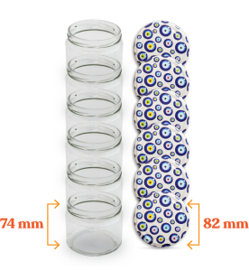 Cam Kavanoz ve Nazar Boncuğu Desenli Kavanoz Kapak Çeşitleri  - 6 Adet (330 ml - 82mm)