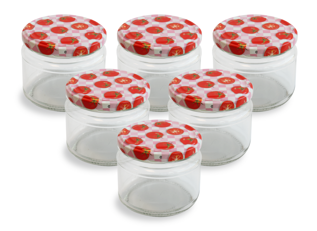Cam Kavanoz ve Domates Desenli Kavanoz Kapak Çeşitleri  - 6 Adet (330 ml - 82mm)