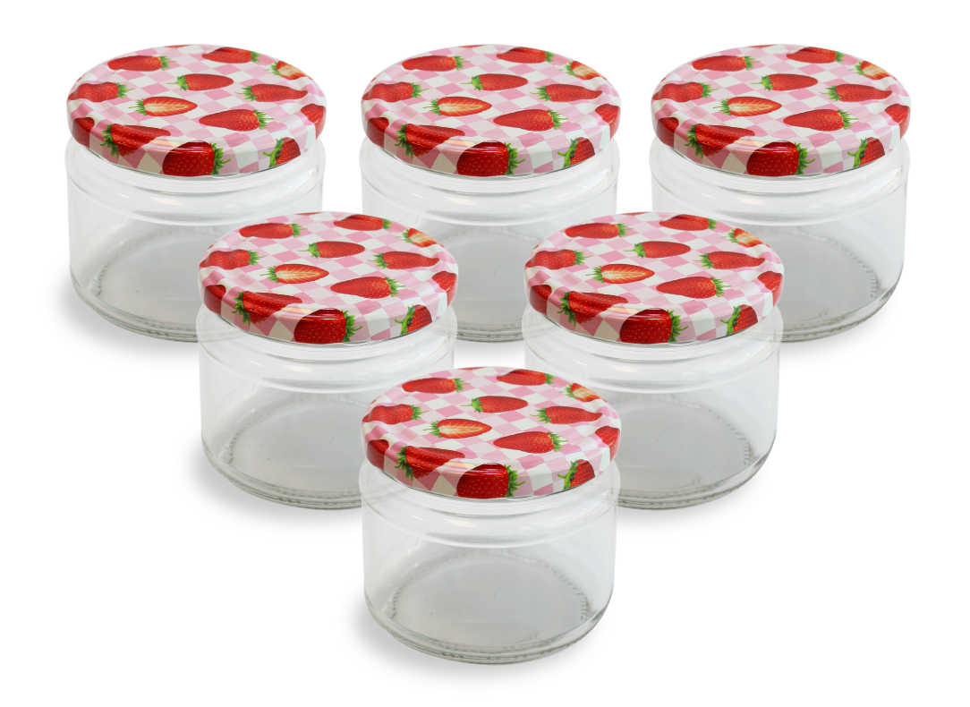 Cam Kavanoz ve Çilek Desenli Kavanoz Kapak Çeşitleri  - 6 Adet (330 ml - 82mm)