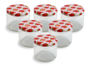 Cam Kavanoz ve Çilek Desenli Kavanoz Kapak Çeşitleri  - 6 Adet (330 ml - 82mm)